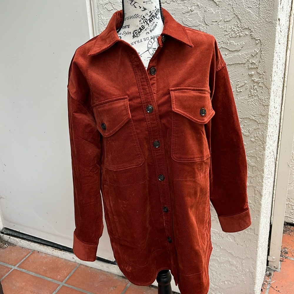 Madewell corduroy oversized Twill shirt jacket in mahogany or brick red